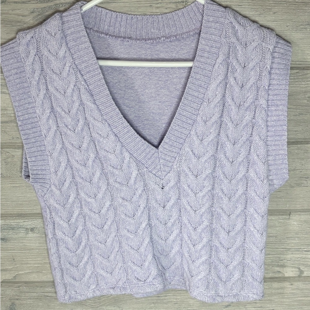 Lavender Cable Knit Crop V-Neck Sweater Vest - Women